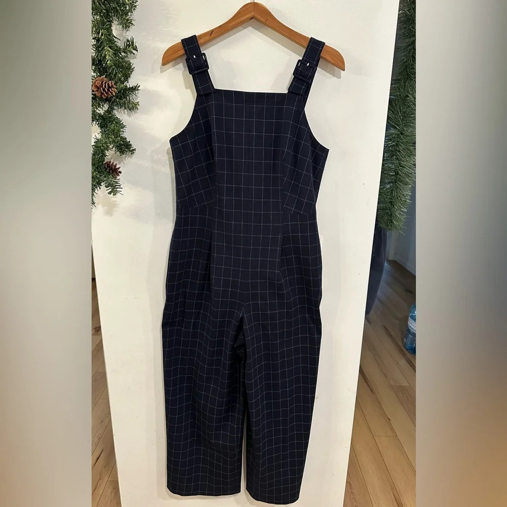 Club Monaco Self Buckle Check Crop Jumpsuit Navy Women’s Size 10 City Classic
